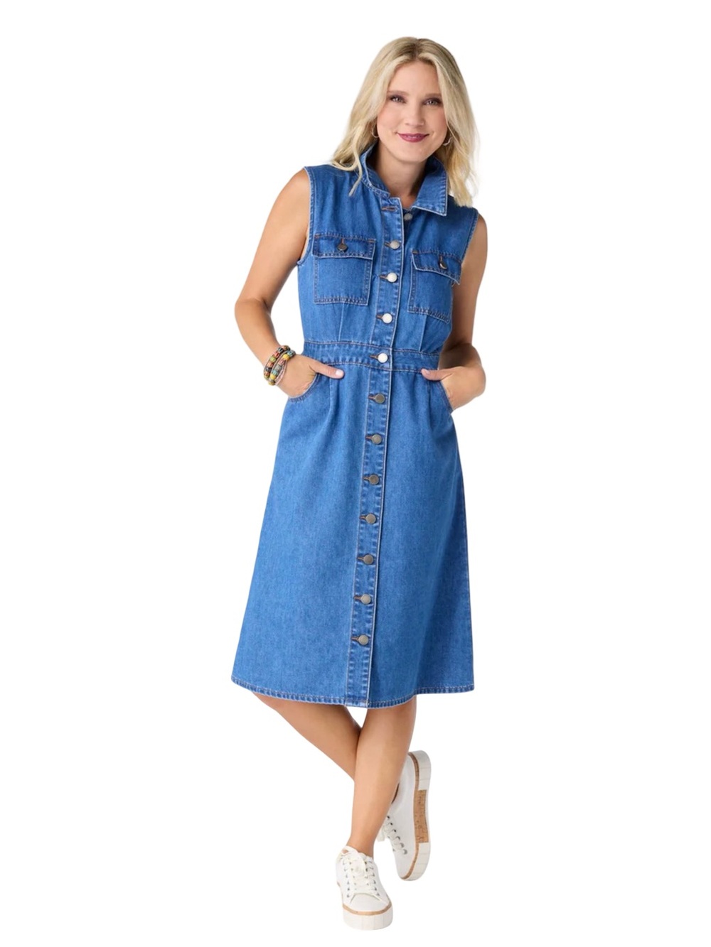 Coco Carmen Raleigh Sleeveless Denim Dress NWT Button Front Casual Midi size S/M - Picture 2 of 10